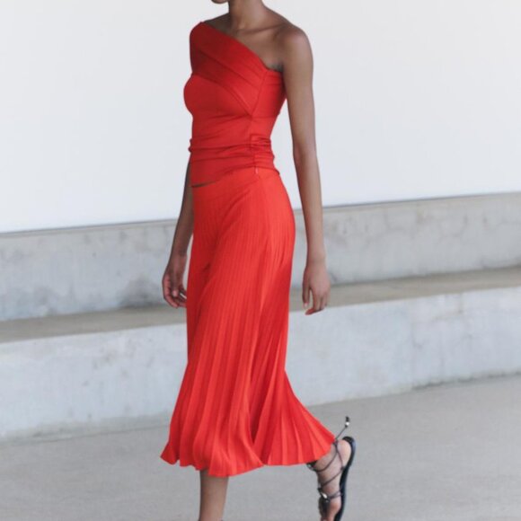 NWT ZARA PLEATED MIDI SKIRT BRICK - Picture 2 of 8